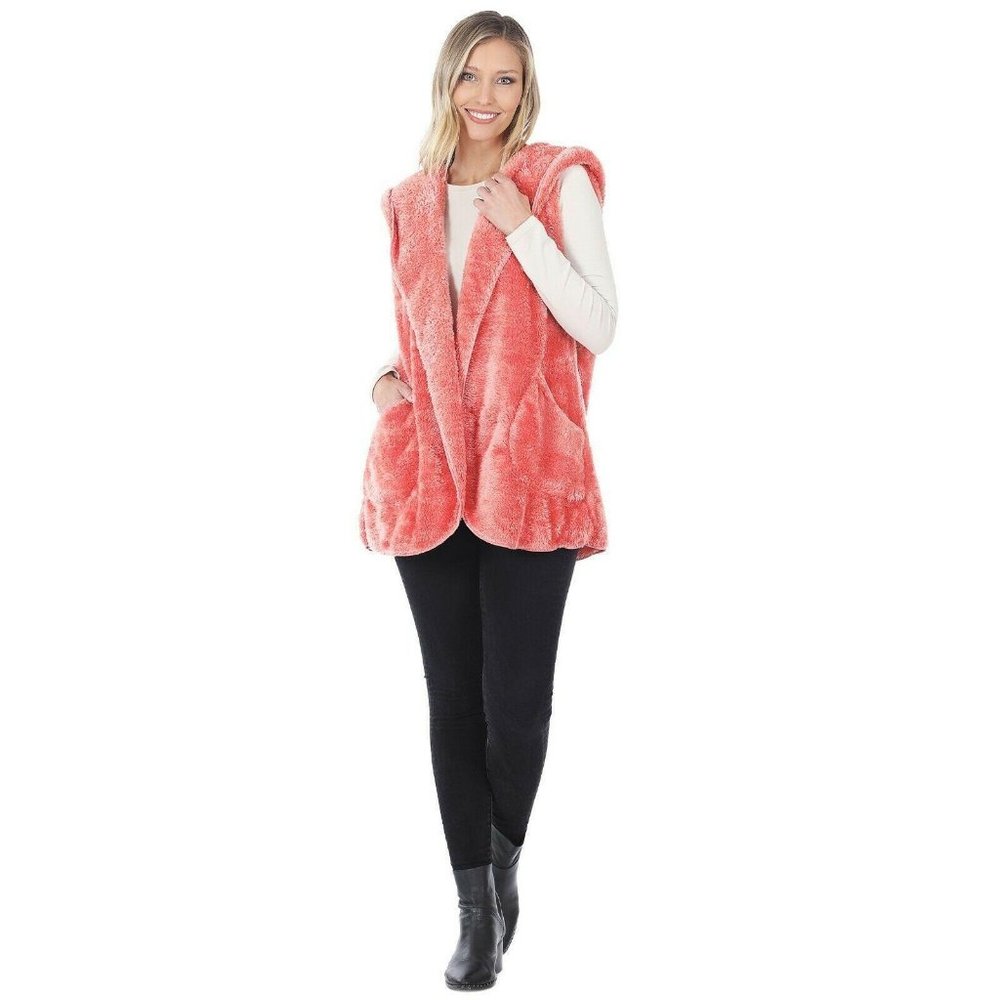Zenana Faux Fur Sherpa Hooded Vest Pockets Plush